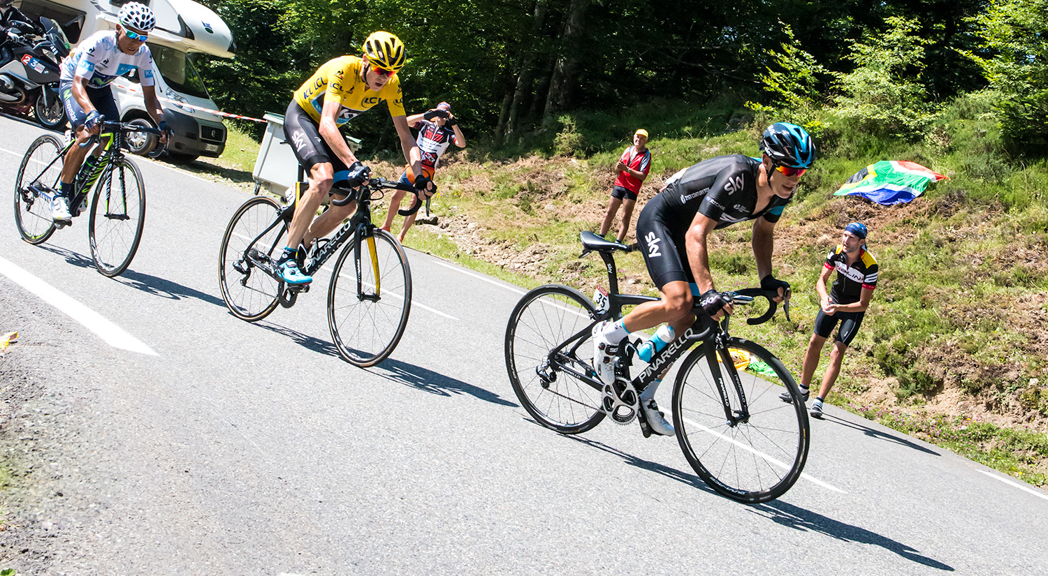 Nairo Quintana, Chris Froome being lead by Richie Porte, La Pierre Saint-Martin, Tour de France - Stage 10, 2015